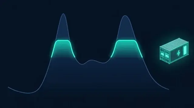 Tageslastkurve mit gekappten Spitzen neben einem Batteriespeicher-Container