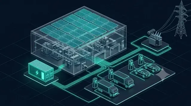 Isometrisches Gesamtsystem: Fabrik mit PV, Speicher, Ladeinfrastruktur und Netzanschluss