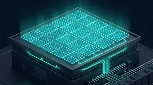 Isometrisches Industriedach voller Solarmodule mit Energie-Glühen