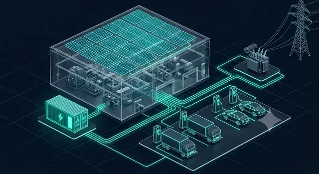 Isometrisches Systemmodell: Fabrik mit PV, Batteriespeicher und Ladeinfrastruktur